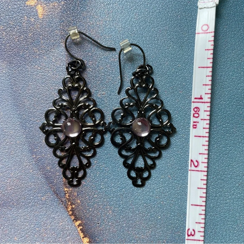 Pewter Filigree Boho Drop Earrings Pink Purple Stone Accent Y2K Dainty‎ Jewelry